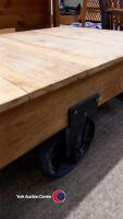 Industrial style cast iron and wood coffee table on wheels - 3