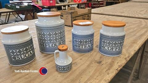 Hornsea pottery tapestry blue tea, coffee, sugar and flour containers