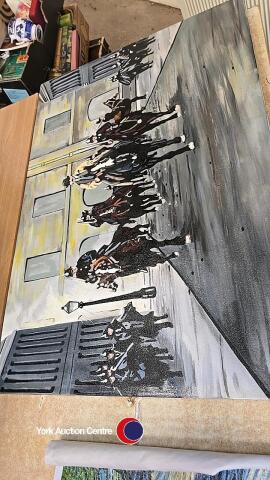 Large stretched canvas depicting mounted Police from the Cult TV series Peaky Blinders, 100cm x 69cm would look great in theme pub or for collector or fan, signed by artist