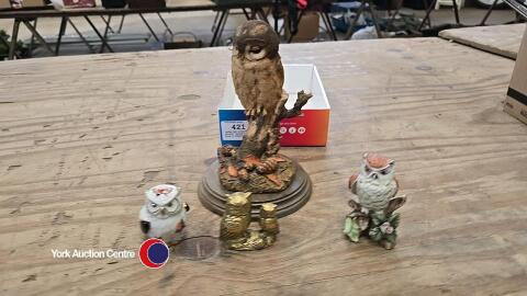 Large owl ornament on plinth, solid brass owl plus 2 others