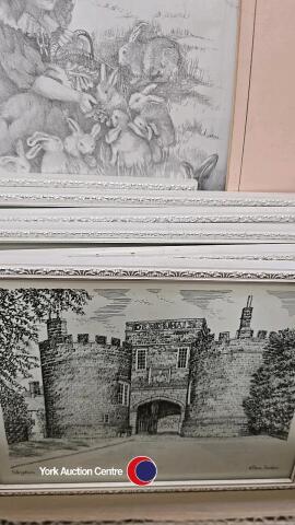 6 framed pencil prints of Yorkshire and pencil print of girl with bunnies