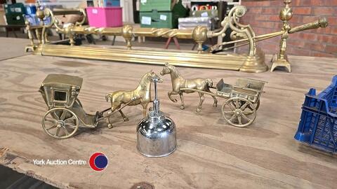 2 x brass horses and Carriages and a Waterer