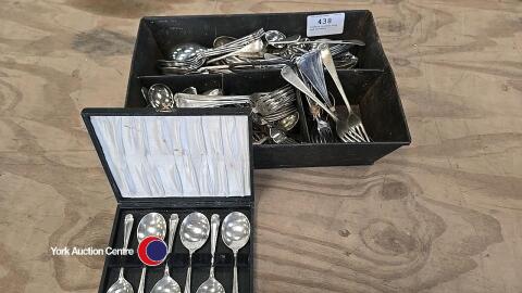Tinware cutlery tray and contents