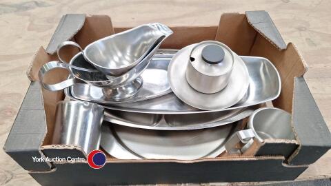 Stainless steel tray, jampot, 2 x serving dishes, 2 x milk jugs, 2 x sauce bowls
