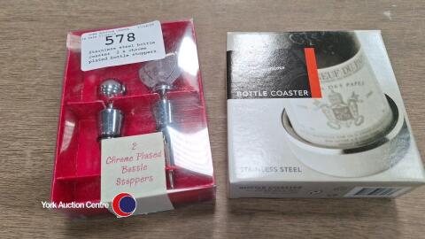 Stainless steel bottle coaster, 2 x chrome plated bottle stoppers