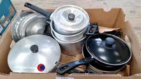 AGA pans with lids, including AGA chip pan with basket and lid plus other pans