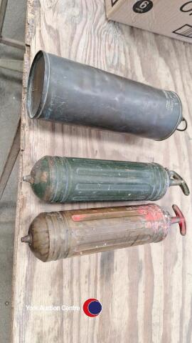 Shirley's Hechla copper hot water bottle used for vintage car passengers and 2 vintage fire extinguishers.