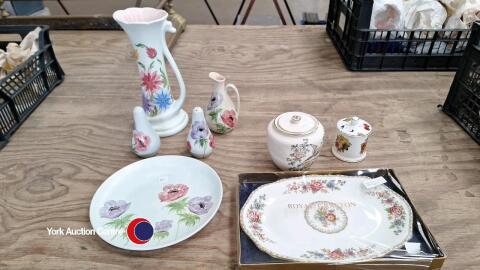 E Radford - hand painted Poppy pattern, all signed - salt and pepper pots, vinegar jug 5 3/4', plate 8 3/4', flower design jug design vase 10',, Royal Grafton - 'Malvern' oval plate 11', Fortnum and Mason - mustard jar and lid, vintage Crown Devon ginger 