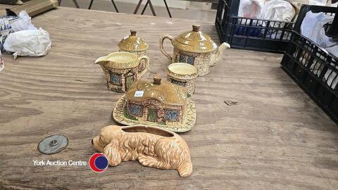 Sylvac 'Cottageware' 4809 teapot, 4812 preserve jar with lid, 4813 milk jug, 4814 sugar bowl, 4815 butter dish and lid, 2025 Golden Cocker Spaniel posy vase