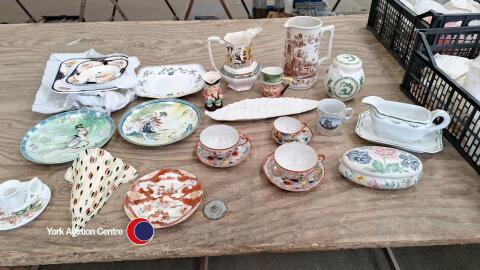 Various items of pottery inc mugs, candle holders, wall planter, cake plates, jugs etc