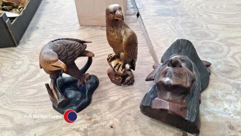 Wooden indian head and 2 x wooden eagles