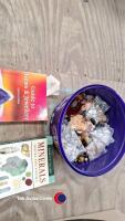 Tub of gemstones and crystals and 2 x books