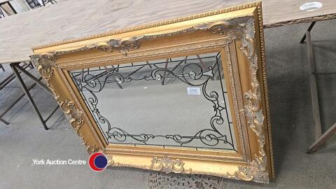 Bevelled mirror in decorative gold frame. mirror decorated with leadwork and clear glass bevels, frame 125cm x 94cm approx. Unique artwork, made by