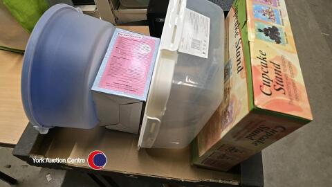 Collection of baking/cupcake items including, Hobby craft cake silicone mould boxes, cupcake stands plus storage boxes