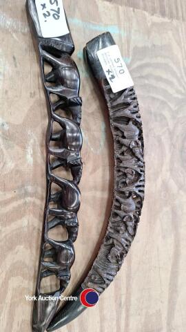 2 x carved wooden African elephant bridges