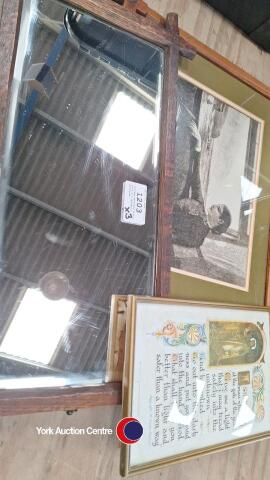 Vintage bevelled mirror plus 2 x religious pictures