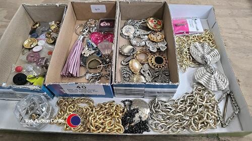 Tray of scarf rings, buttons, watches and ladies belts etc