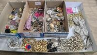 Tray of scarf rings, buttons, watches and ladies belts etc