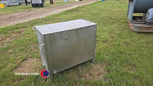 Large stainless steel storage container, ideal for storing animal food.