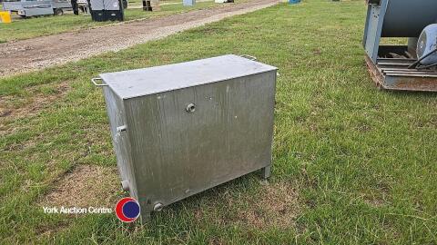 Large stainless steel storage container, ideal for storing animal food.