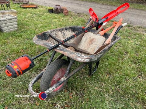 Wheelbarrow and tools
