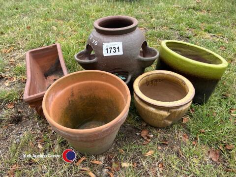 Strawberry planter plus various plant pots