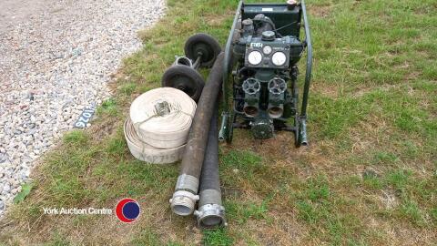 Vintage Coventry Climax Godiva fire pump, c/w 2 suction hoses, filter and 2 lay flat delivery hoses, circa 1950's