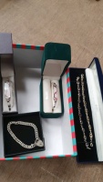 3 x hallmarked silver bracelets and 2 x hallmarked mother of pearl bangles