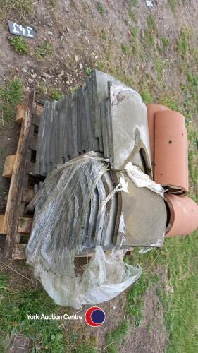 Assorted roofing tiles - 35x Valley tiles. Dimensions: 350mm long x 400mm wide. 23x Ridge tiles - semi circular clay ridge tiles. Dimensions: 350mm long x 290mm wide.