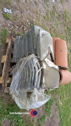 Assorted roofing tiles - 35x Valley tiles. Dimensions: 350mm long x 400mm wide. 23x Ridge tiles - semi circular clay ridge tiles. Dimensions: 350mm long x 290mm wide.