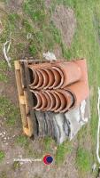 Assorted roofing tiles - 35x Valley tiles. Dimensions: 350mm long x 400mm wide. 23x Ridge tiles - semi circular clay ridge tiles. Dimensions: 350mm long x 290mm wide. - 2