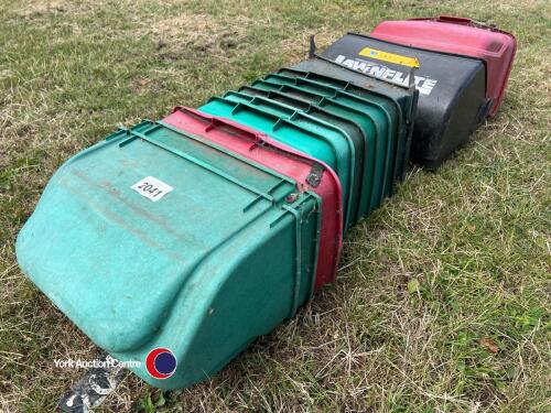 Quantity of various cylinder mower grass boxes.