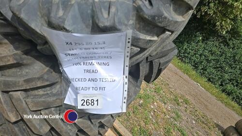 4 x 295 80 15.3 STarco 1T dumper tyres 70% remaining tread checked and tested ready to fit