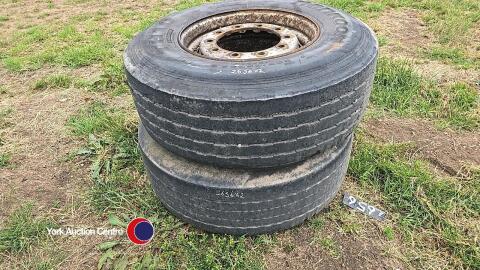 2 x Hankook super single wheels, 385/65 R22.5, off 2008 trailer