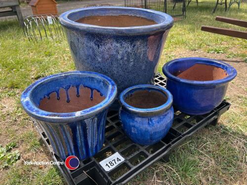 4 x blue ceramic garden planters