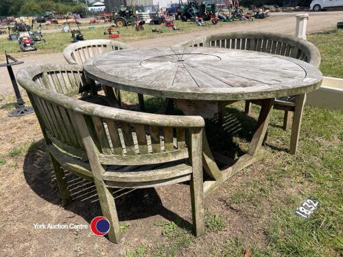 Wooden garden table, 2 benches and chairs