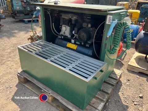 Air-eze Rand air compressor in silent cabinet c/w boot stand, ex golf club for cleaning shoes