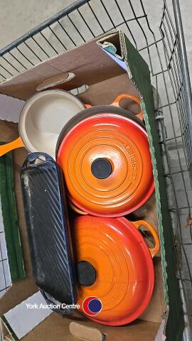 Box of assorted Le Creuset pans