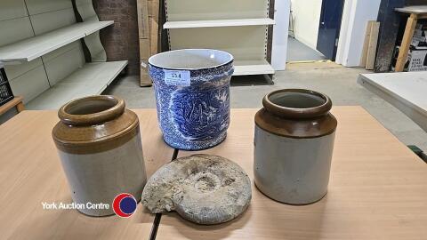 Decorative blue plant pot by Fenton, 2 ceramic storage jars and large fossil