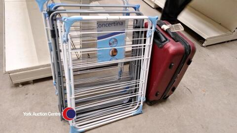Quantity of household items including clothes airers, suitcase, metal cooking trays etc