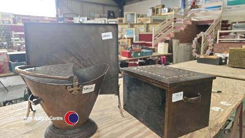 Copper coal scuttle, copper coal box and metal fire screen