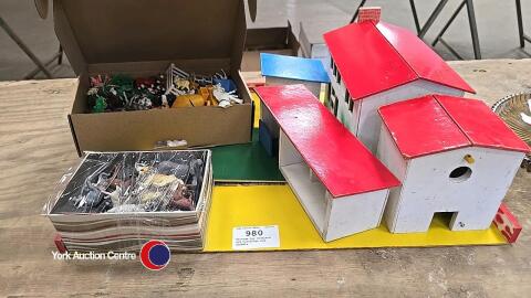 Vintage toy farmyard, c/w buildings and animals