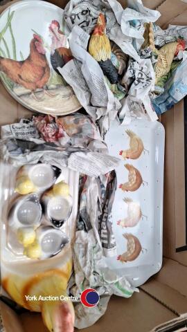 Various hen and cockerel related items, including egg cups on tray, plates, tray and ornaments