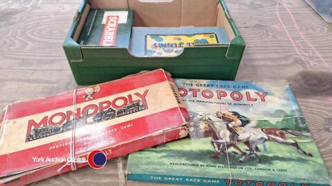 Box of vintage children's board games including Totopoly and Monopoly