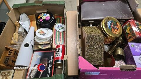 2 x boxes of assorted bric a brac including vintage briefcase and decorative tins