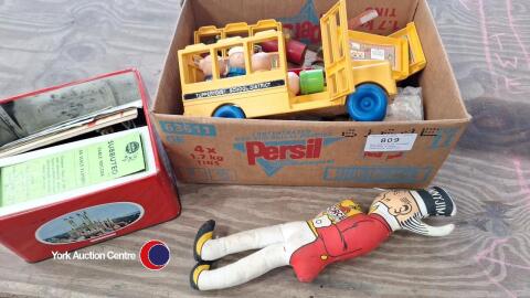 Box and tin of vintage children's toys including Subbuteo