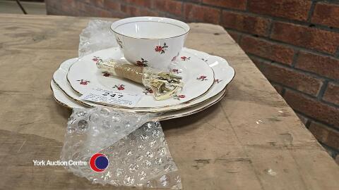 Colclough, Red Rosebud, cake stand H 38cm, base tier W 26cm, mid tier W 26, top tier W 20cm, sugar bowl H 6cm W 11