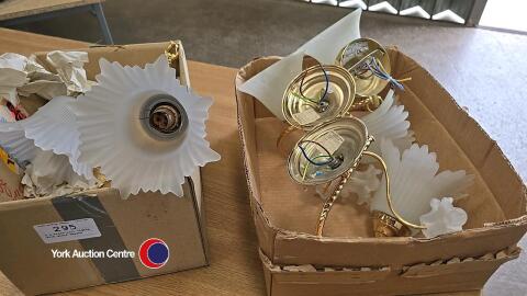 5 x brass wall lights with glass shades