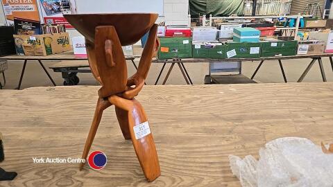 Wooden hand carved bowl stand, with bowl. Interwoven tripod design