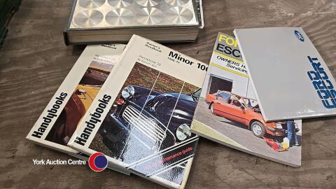 Box of assorted car books including manuals for Ford Escorts and Morris Minor